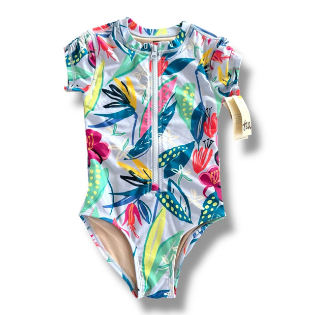 Size 6 Tea Collection short sleeve zip swimsuit / light blue with multi color flowers NWT Default Title / 6 / Girl