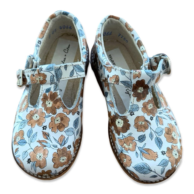 Size 8 Mon Petit + Rylee & Cru white with brown and blue flowers t-strap mary janes / NEW Default Title / 8 / -