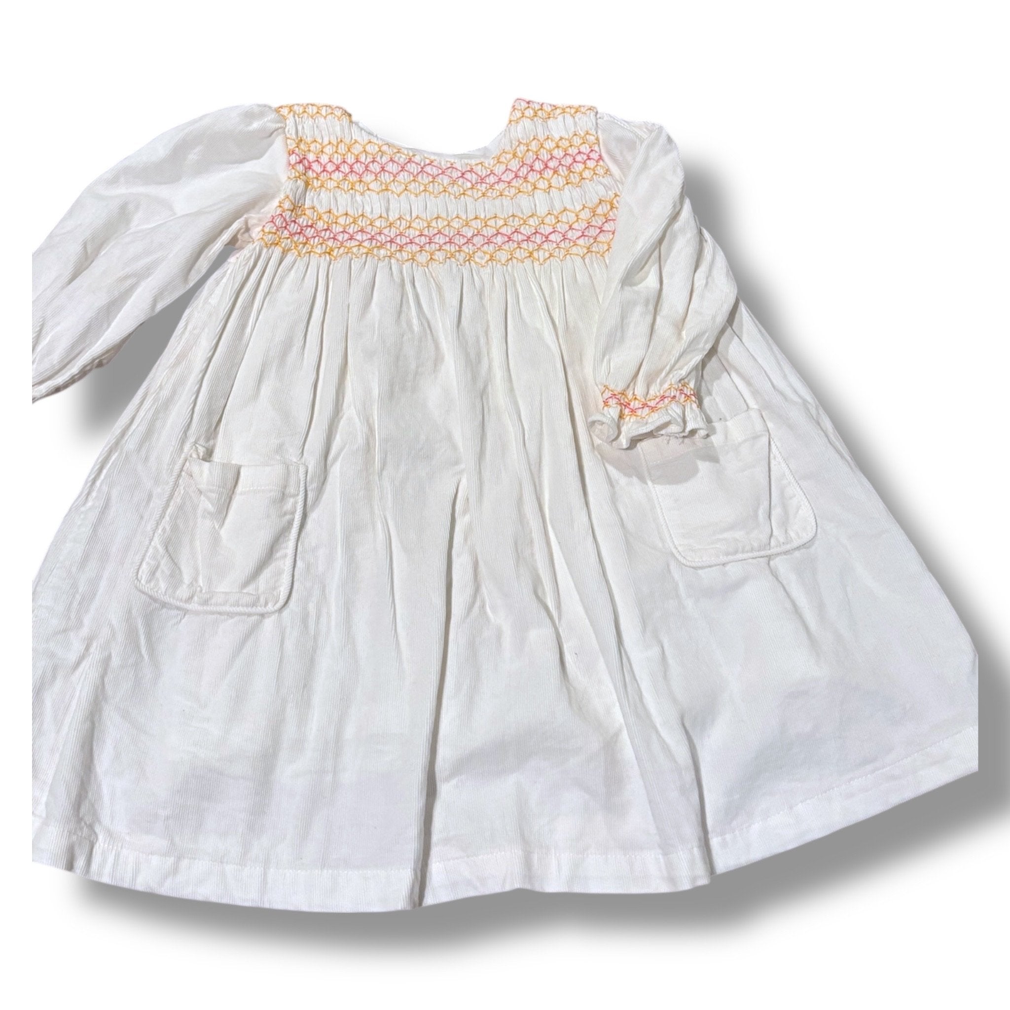 Size 4 Oak Apparel white corduroy dress w/ pink/yellow smocking Default Title / 4 / Girl