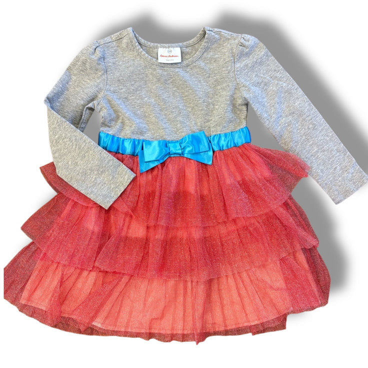 Size 4 Hanna Andersson grey knit top and pink tulle tiered skirt dress, blue waist bow Default Title / 4 / Girl