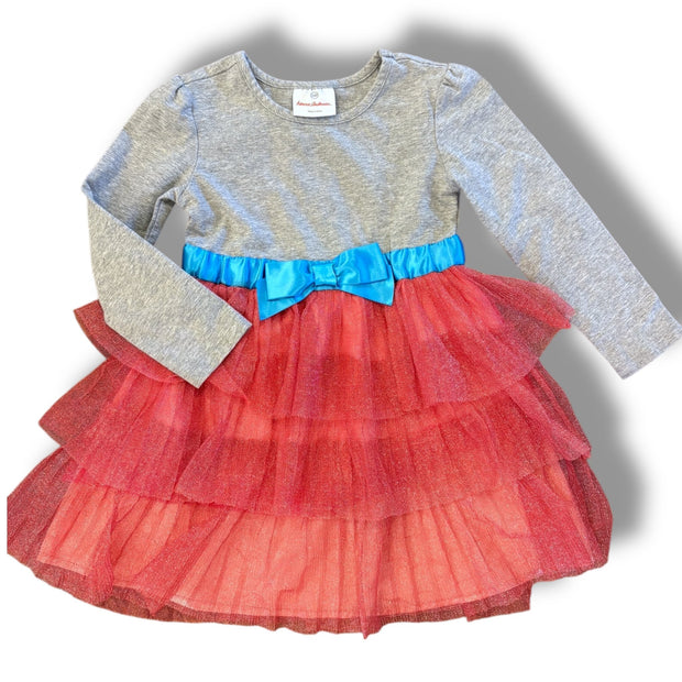 Size 4 Hanna Andersson grey knit top and pink tulle tiered skirt dress, blue waist bow Default Title / 4 / Girl
