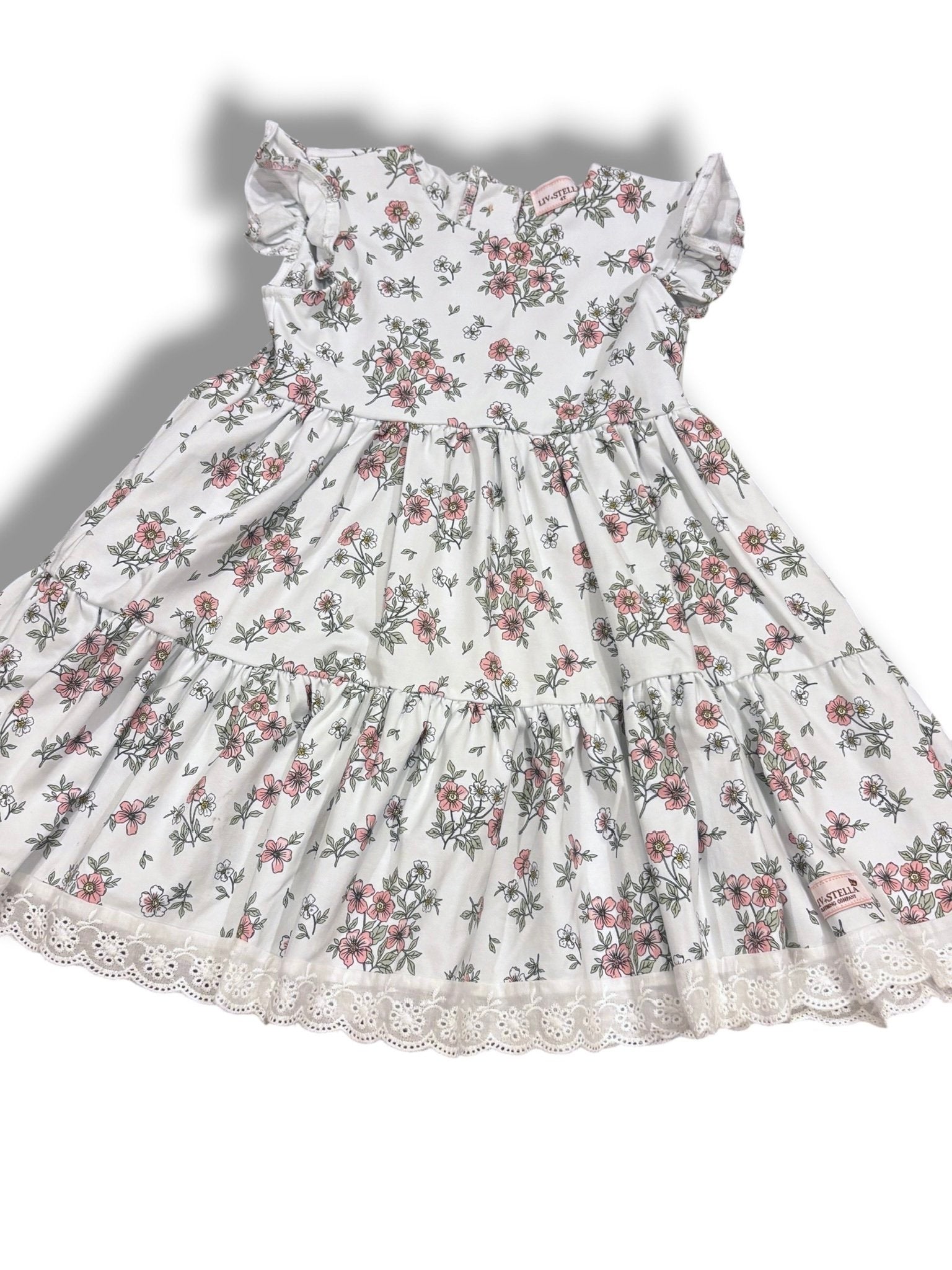 Size 4 Liv + Stella pale blue and pink floral tiered dress with eyelet hem Default Title / 4 / Girl