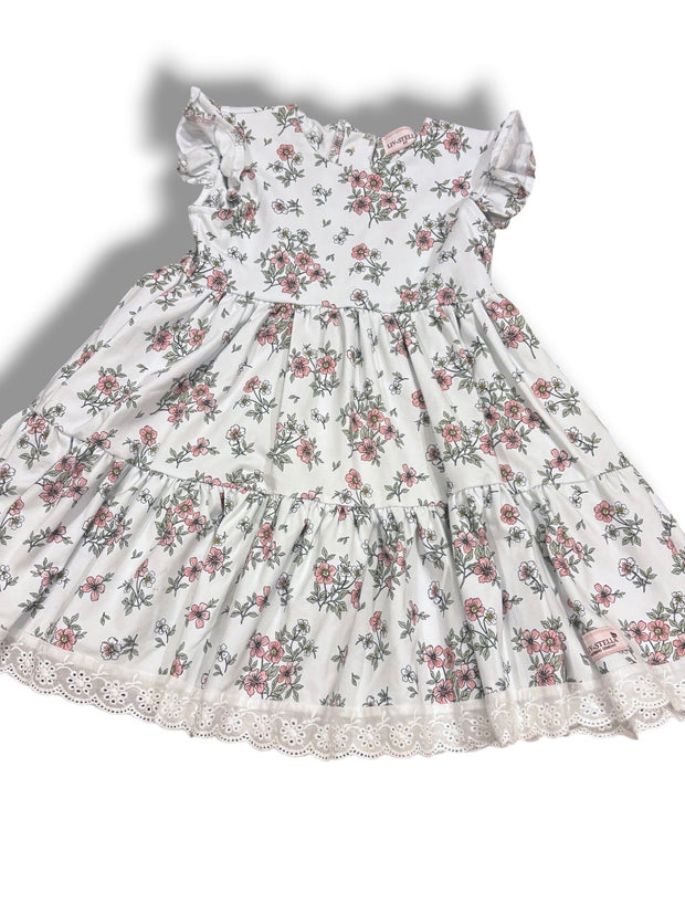Size 4 Liv + Stella pale blue and pink floral tiered dress with eyelet hem Default Title / 4 / Girl