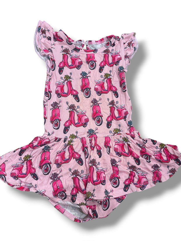Size 2 pink short sleeve dress with dark pink vespas Default Title / 2 / Girl