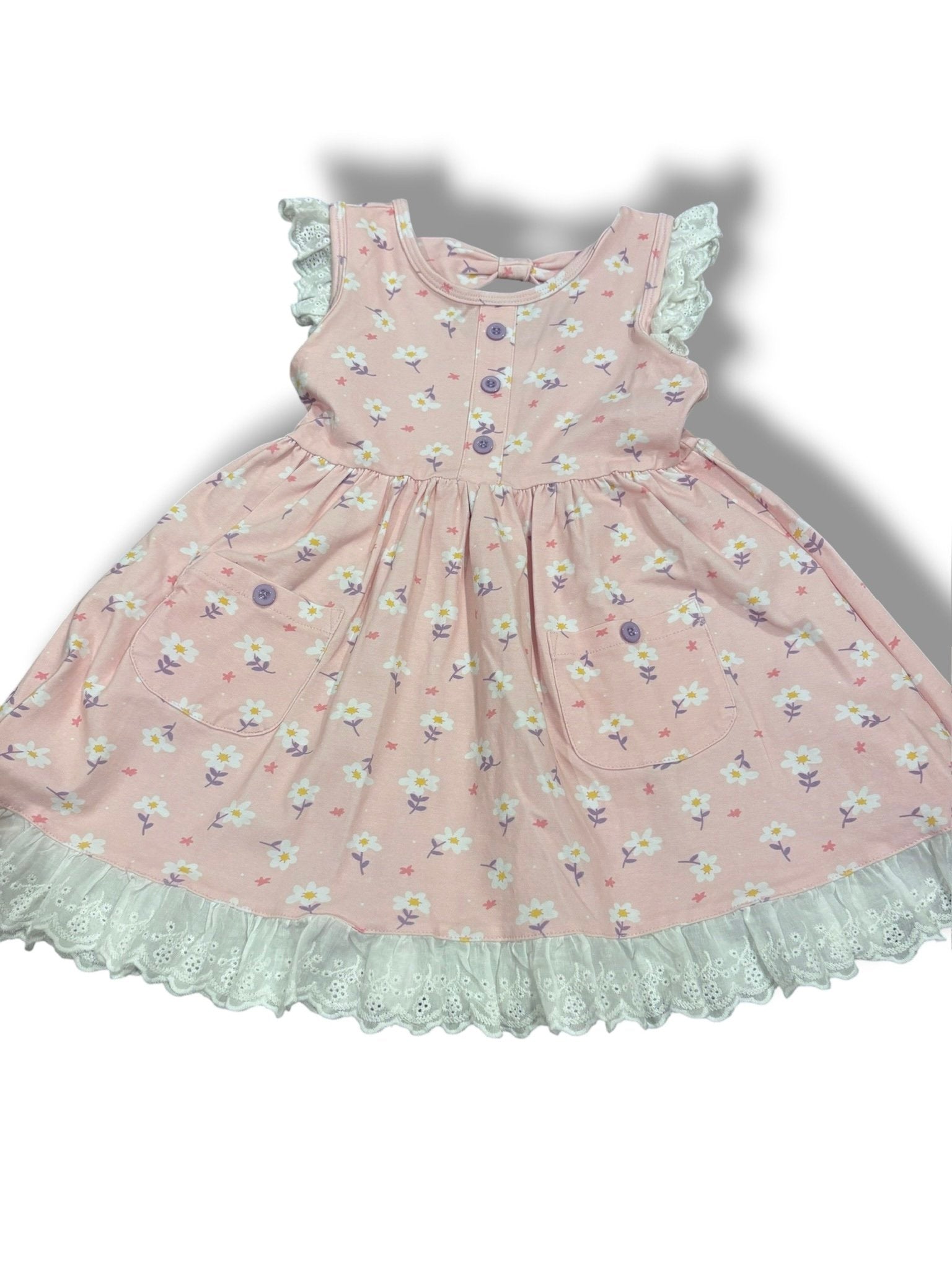 Size 4 Always in Bloom pink floral dress with eyelet hem and purple buttons Default Title / 4 / Girl