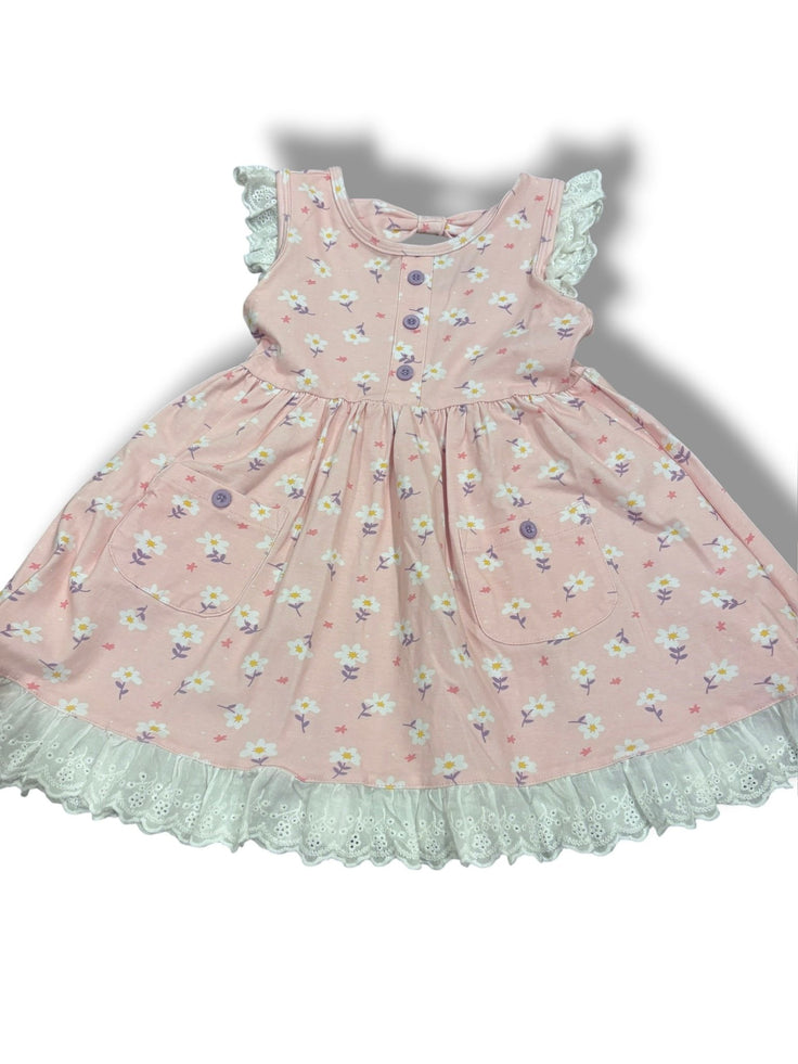 Size 4 Always in Bloom pink floral dress with eyelet hem and purple buttons Default Title / 4 / Girl