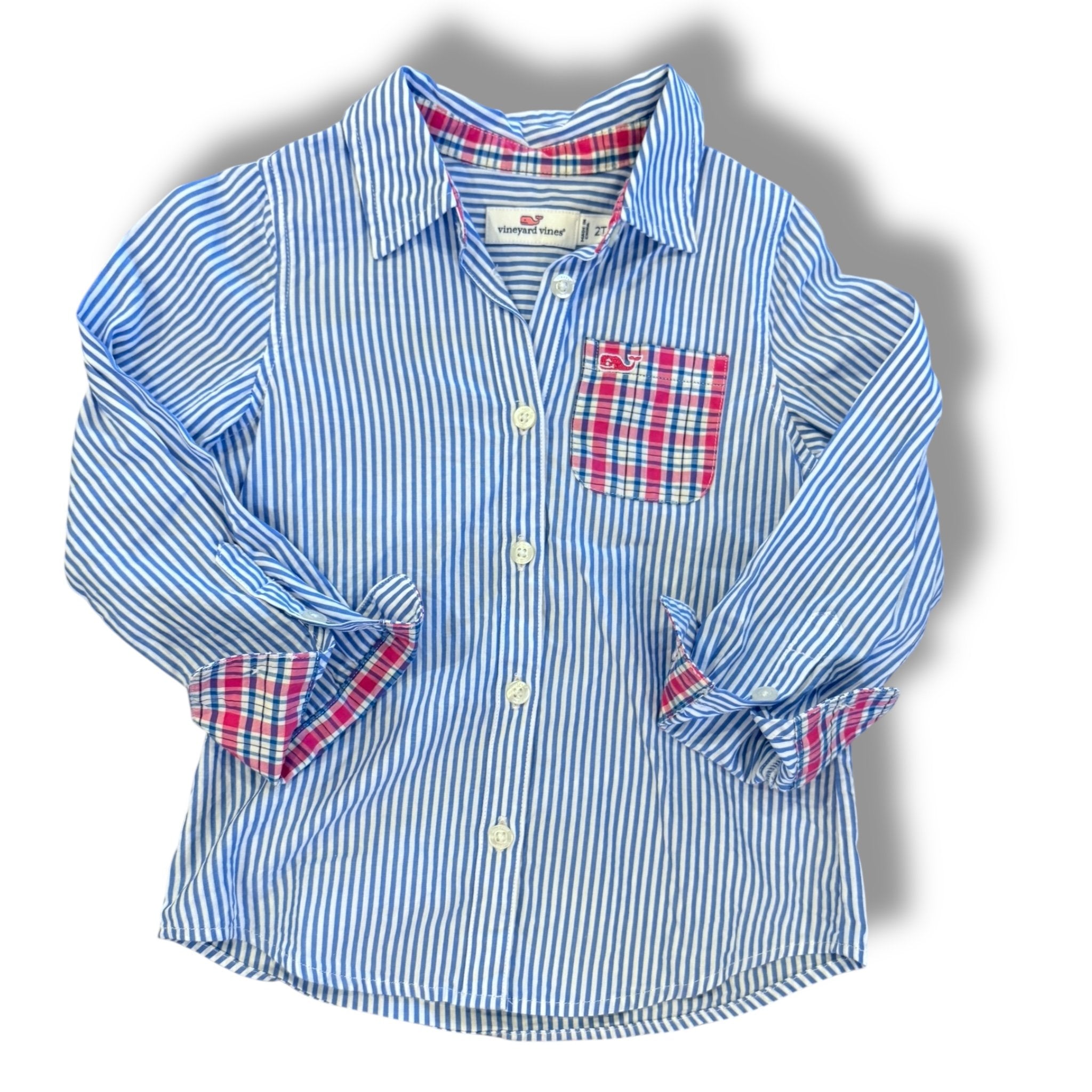 Size 2 Vineyard vines blue/white stripe button up shirt, plaid pocket/cuffs Default Title / 2 / Girl