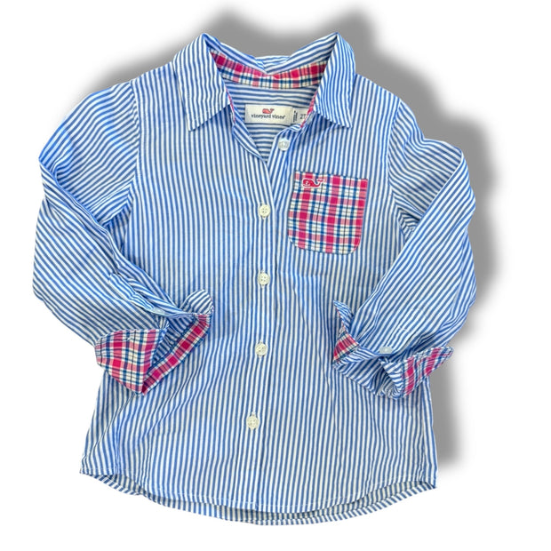 Size 2 Vineyard vines blue/white stripe button up shirt, plaid pocket/cuffs Default Title / 2 / Girl