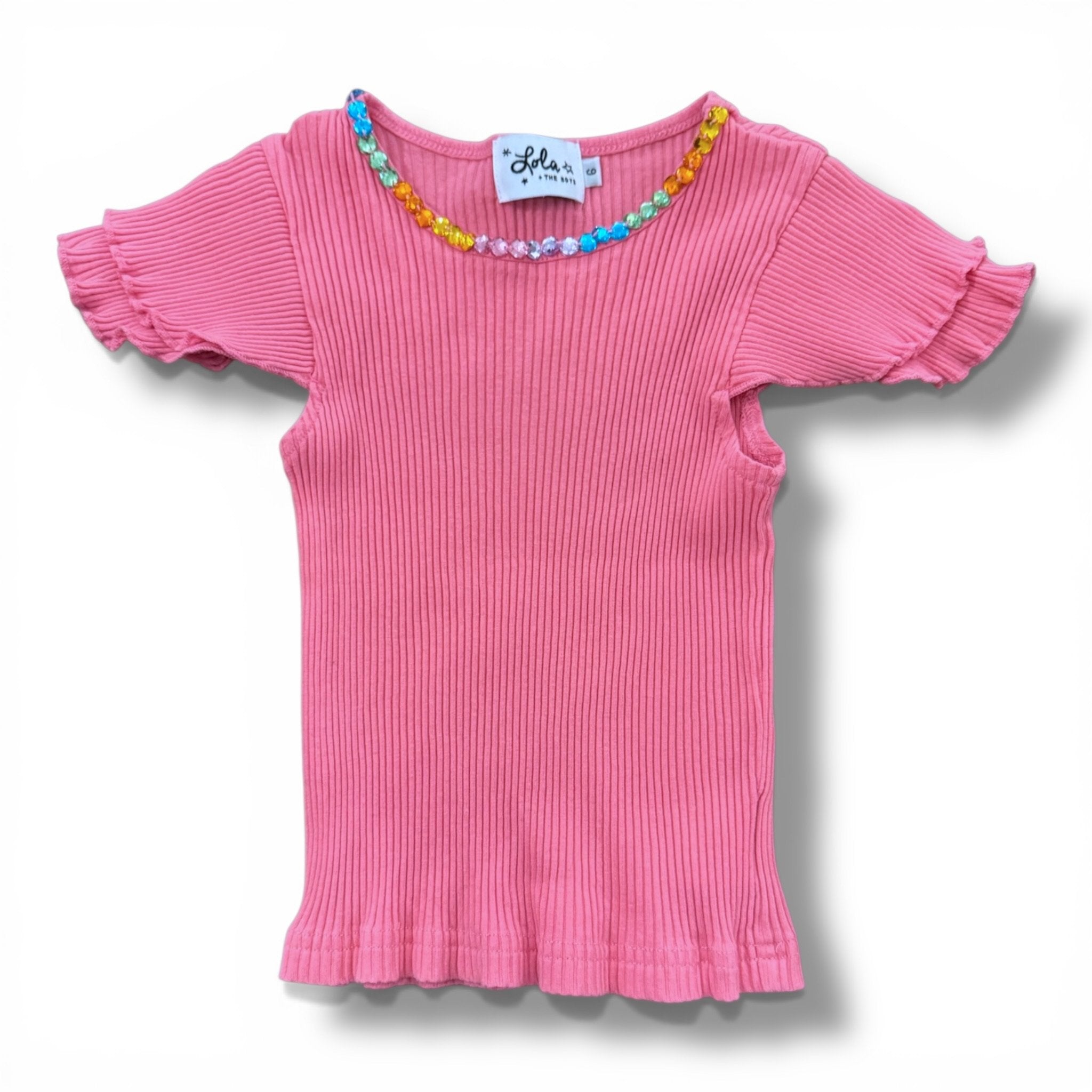 Size 6 Lola the Boys pink short sleeve ribbed tea with multicolor gem neckline Default Title / 6 / Boy