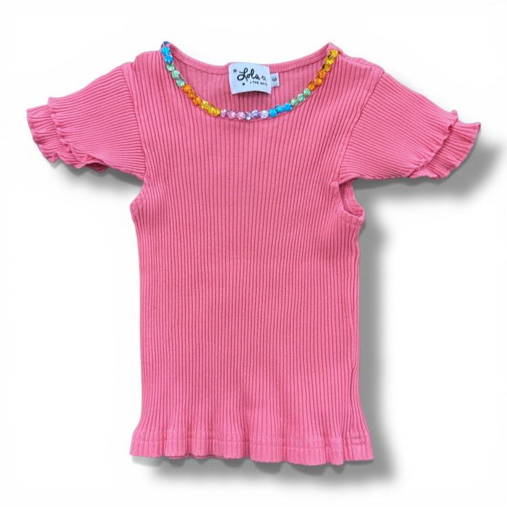 Size 6 Lola the Boys pink short sleeve ribbed tea with multicolor gem neckline Default Title / 6 / Boy