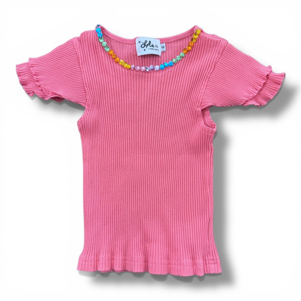 Size 6 Lola the Boys pink short sleeve ribbed tea with multicolor gem neckline Default Title / 6 / Boy