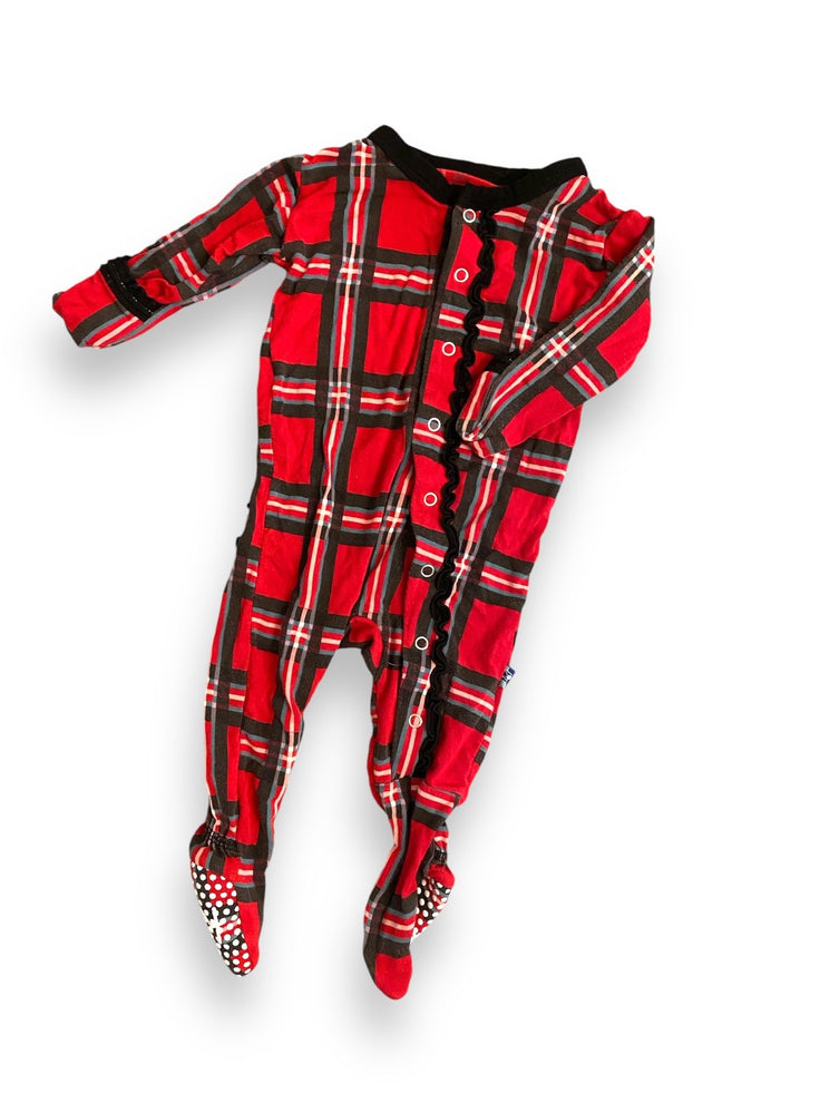 Size 0-3 month Kickee Pants red plaid ruffle sleeper with black trim Default Title / 0-3 month / -