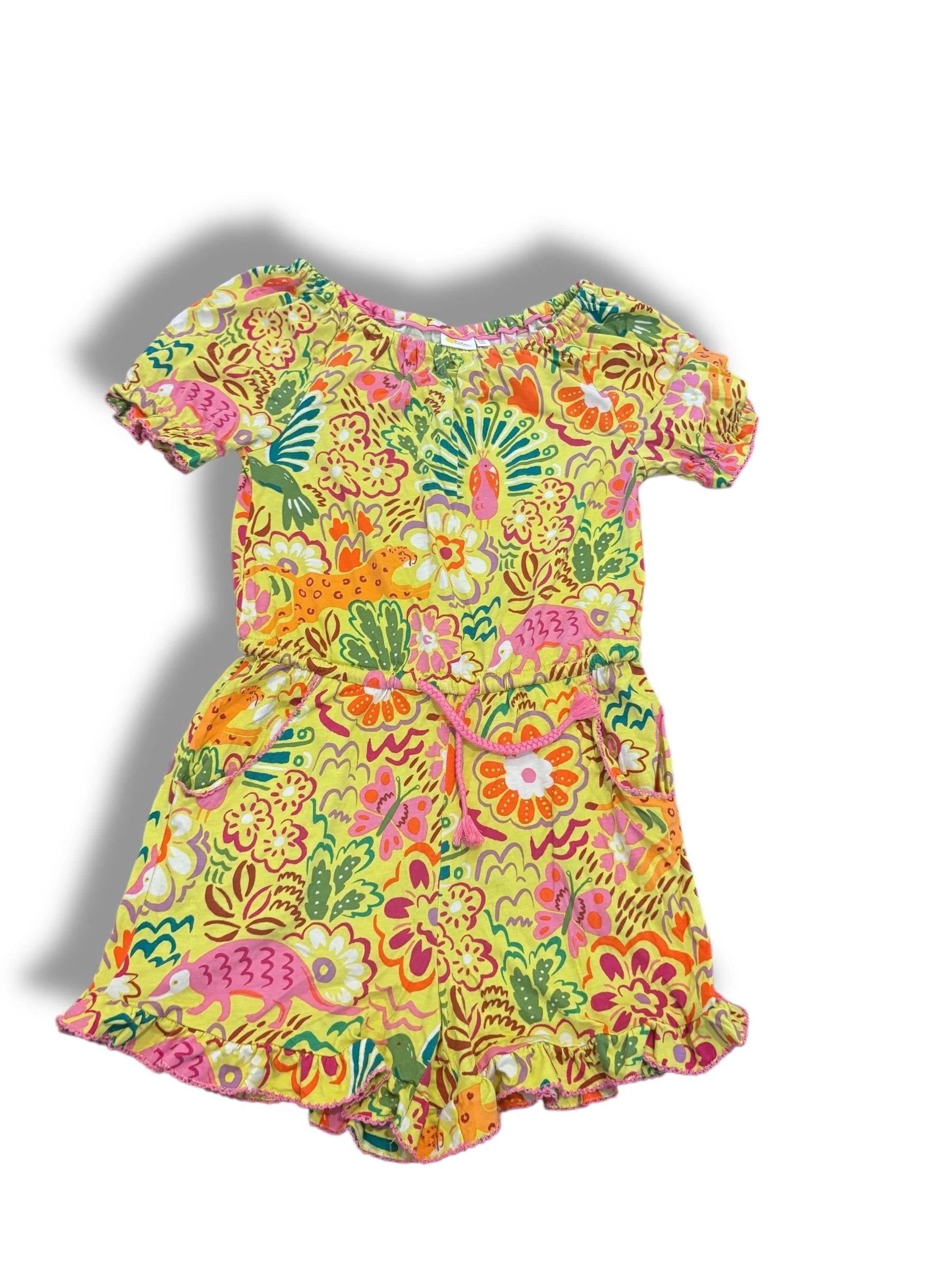 Size 9-10 Boden yellow romper w/ pink/green/orange jungle animals, flowers Default Title / 10-Sep / Girl