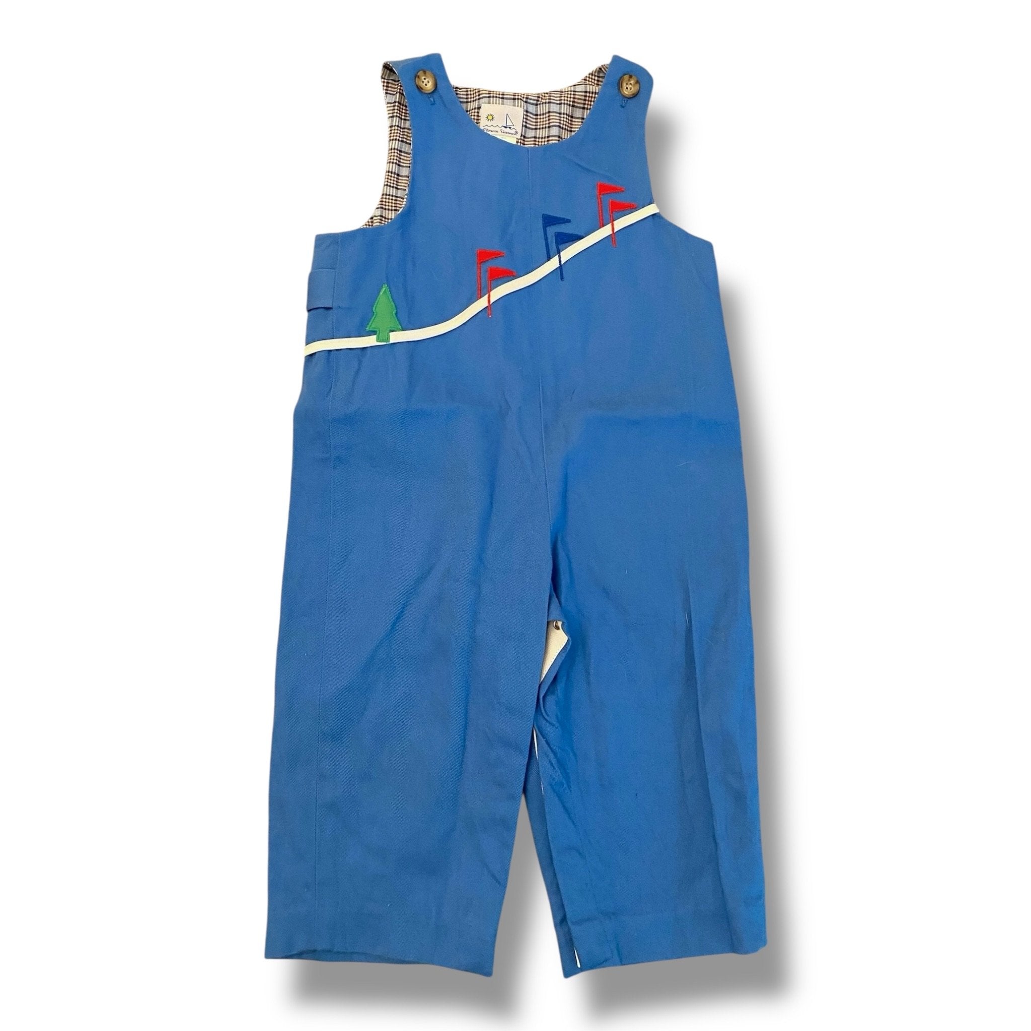 Size 18 month Florence Eiseman bright blue long all with green tree and colorful flags Default Title / 18 month / Boy