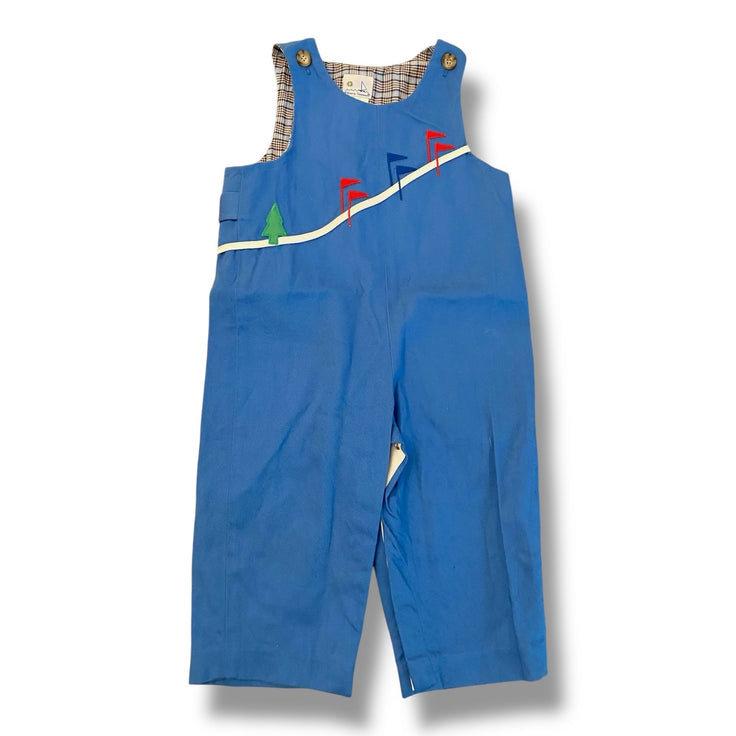 Size 18 month Florence Eiseman bright blue long all with green tree and colorful flags Default Title / 18 month / Boy