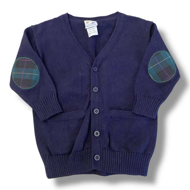 Size 24 month Florence Eiseman navy button up sweater cardigan with green plaid elbow patches Default Title / 2 / Boy