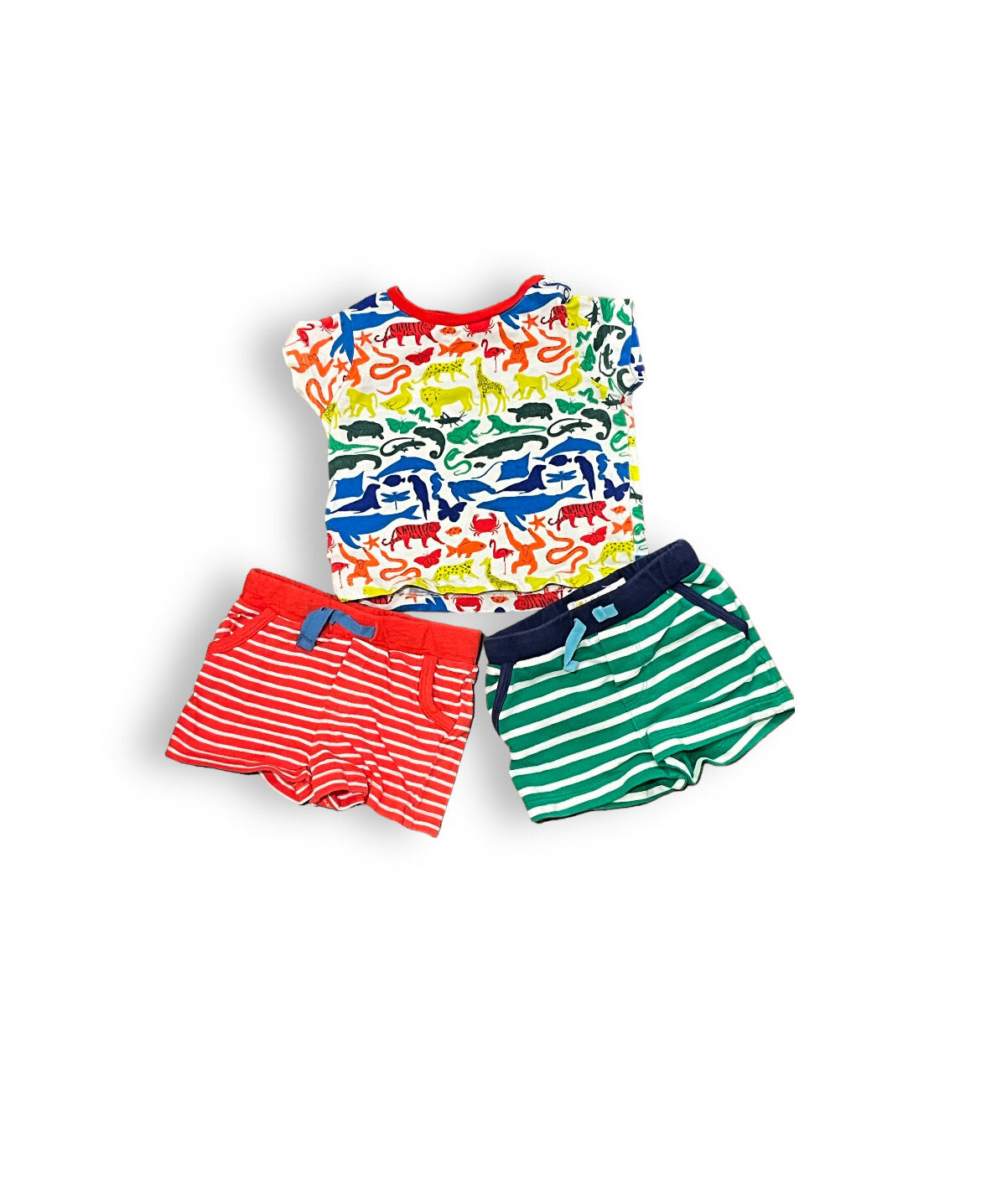 Size 3-6 month Boden jungle tee with 2 striped shorts, green/white and red/white Default Title / 3-6 month / Boy