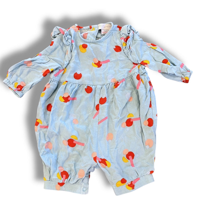 Size 6 month Stella Mccartney blue romper, rust/pink/yellow shapes Default Title / 6 month / Girl