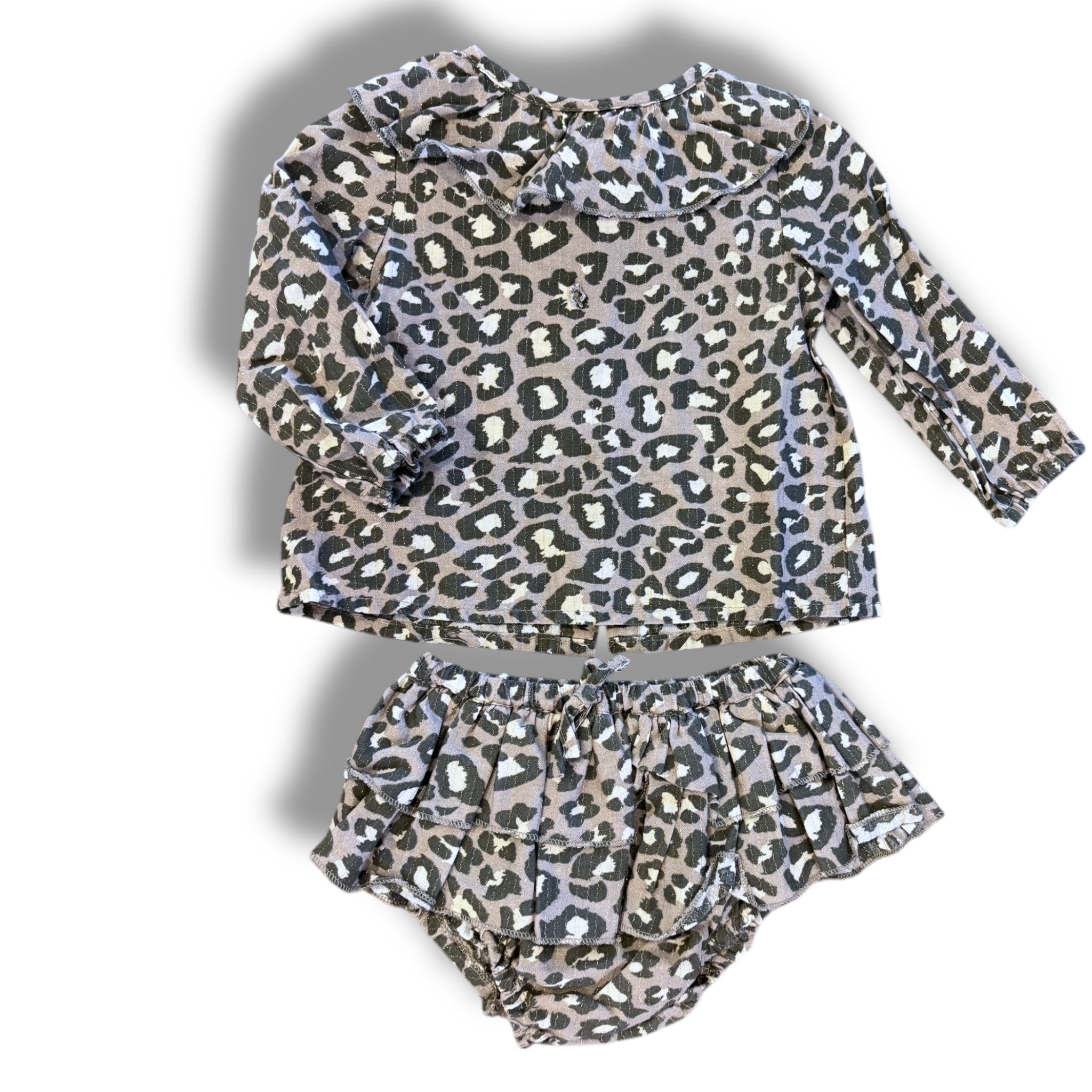 Size 6 month Tocoto Vintage leopard animal print top and bloomer set with metallic threads Default Title / 6 month / Girl