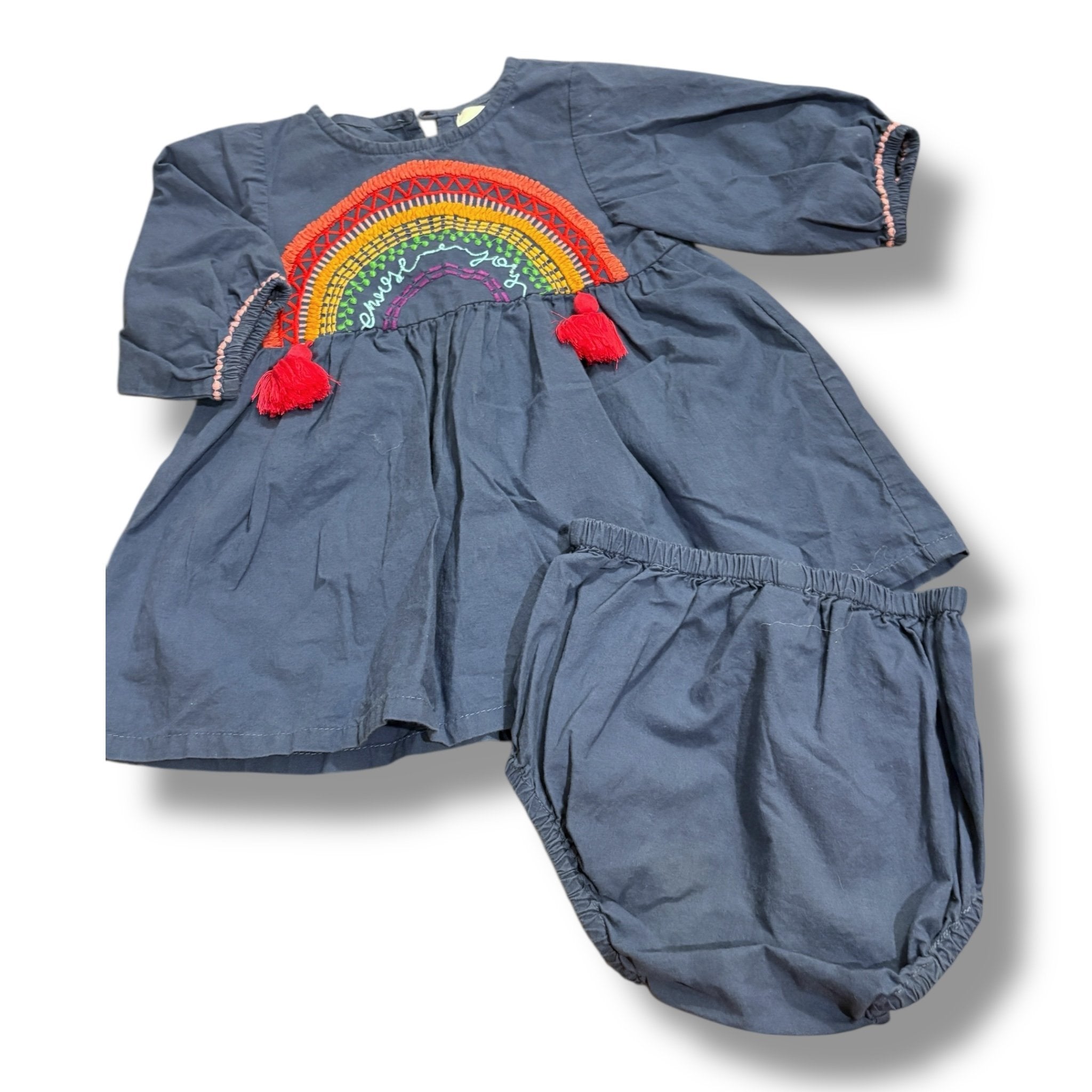 Size 18 month Cheeni blue dress with embroidered rainbow and matching bloomers Default Title / 18 month / Girl