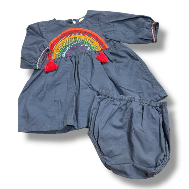 Size 18 month Cheeni blue dress with embroidered rainbow and matching bloomers Default Title / 18 month / Girl