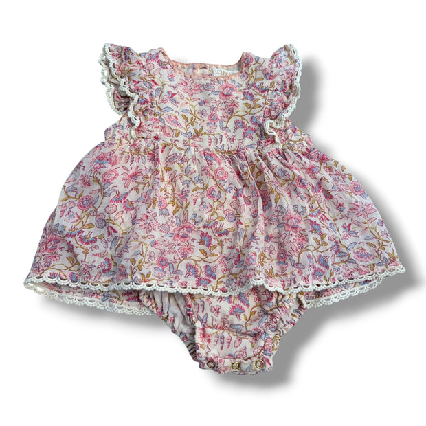 Size 18 month Louise Misha pink floral skirted onesie dress, lace detail at shoulder Default Title / 18 month / Girl