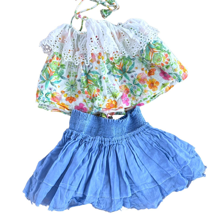 Size 2 Nellystella white with green, pink, orange and blue flowers, white eyelet ruffle and baby blue skirt Default Title / 2 / Girl