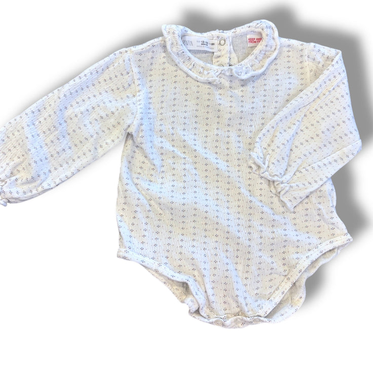 Size 12-18 month Zara white onesie with ruffle collar and blue/ran dots Default Title / 12-18 month / Girl