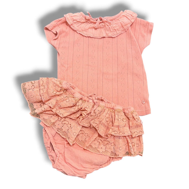 Size 18 month Tocoto vintage dusty coral pointelle top with floral ruffle bloomers Default Title / 18 month / Girl