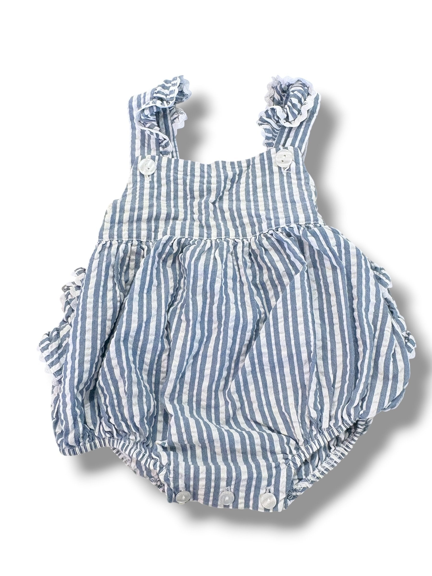 Size 9 month Petit Atelier blue/white striped bubble W/ ric-rac trimmed straps Default Title / 9 month / Girl