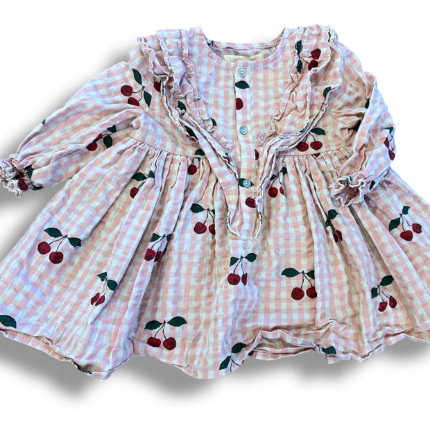 Size 12 month konges sloyd cream/pink check dress with cherries Default Title / 12 / Girl