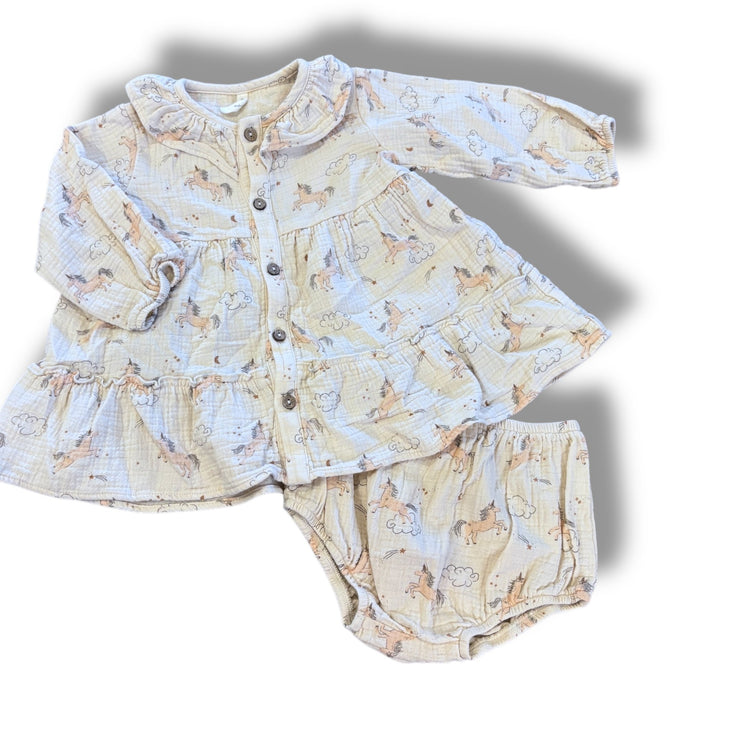 Size 12-18 month Quincy mae cream unicorn long sleeve muslin dress with bloomers Default Title / 12-18 month / Girl