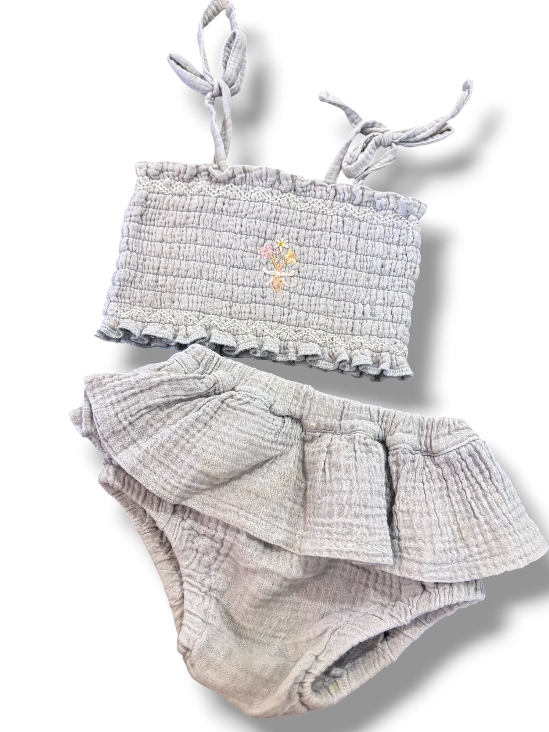 Size 6-12 month Wild Wawa gray muslin set: ruched top w/ embroidered bouquet  and skirted bubble Default Title / 6-12 month / Girl