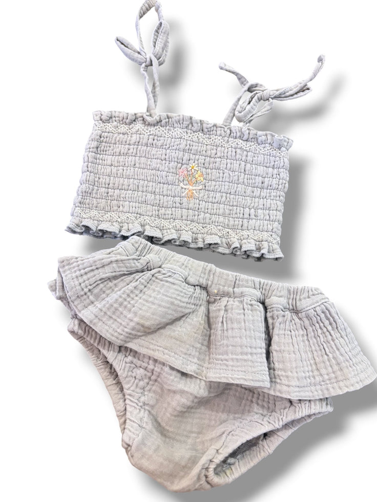 Size 6-12 month Wild Wawa gray muslin set: ruched top w/ embroidered bouquet  and skirted bubble Default Title / 6-12 month / Girl