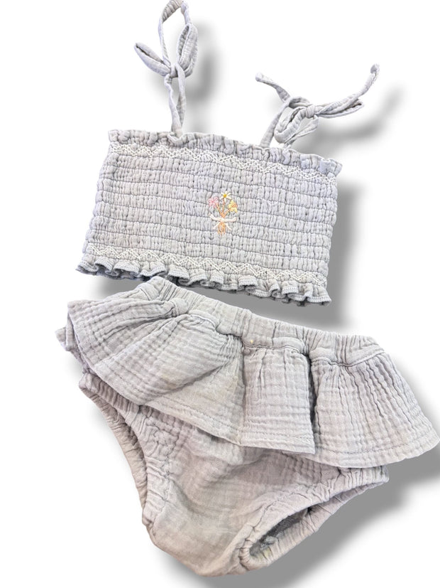 Size 6-12 month Wild Wawa gray muslin set: ruched top w/ embroidered bouquet  and skirted bubble Default Title / 6-12 month / Girl