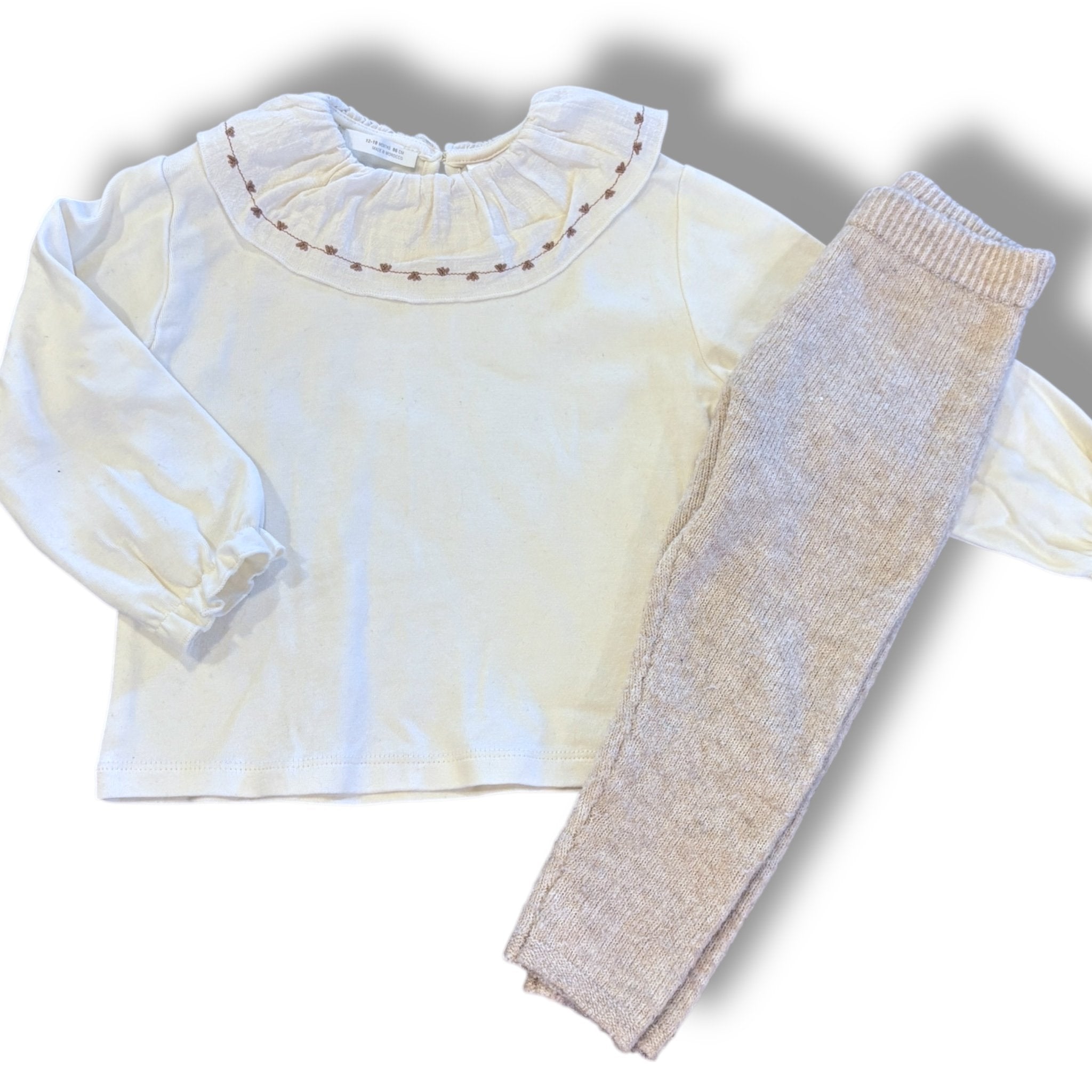 Size 12-18 month Zara cream onesie with ruffle embroidered collar, sweater pants Default Title / 12-18 month / Girl