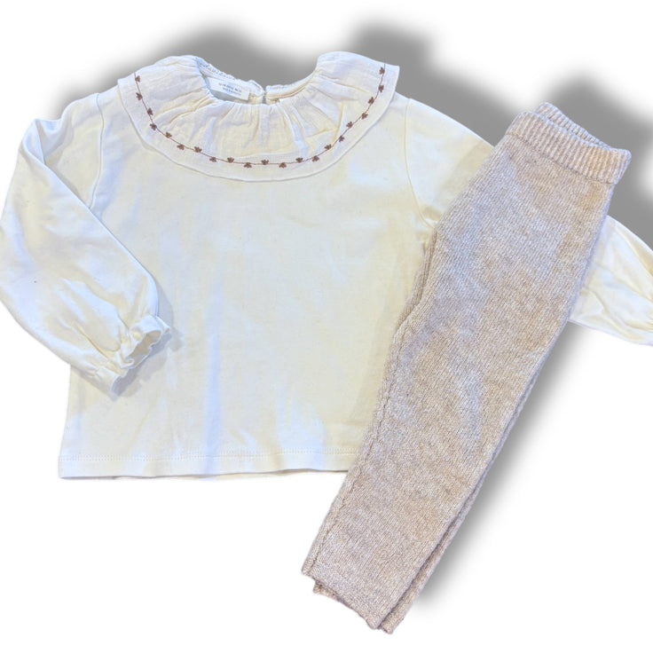 Size 12-18 month Zara cream onesie with ruffle embroidered collar, sweater pants Default Title / 12-18 month / Girl