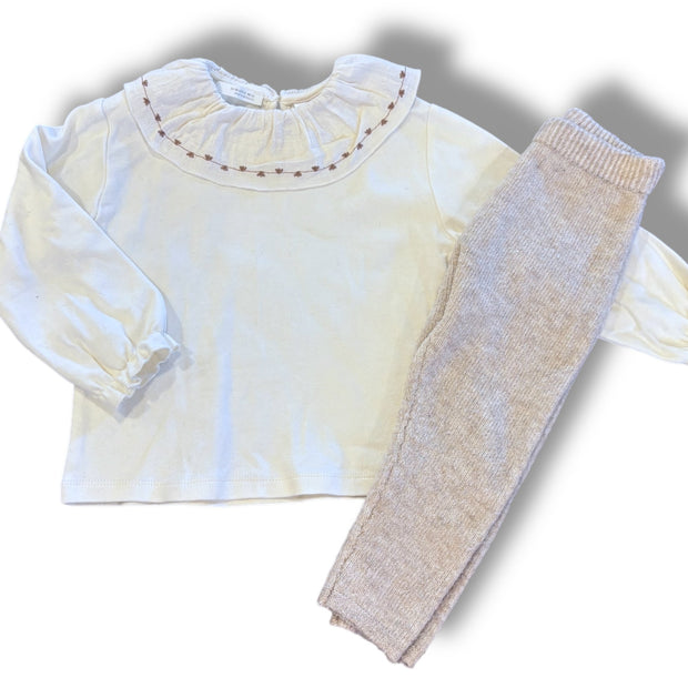 Size 12-18 month Zara cream onesie with ruffle embroidered collar, sweater pants Default Title / 12-18 month / Girl