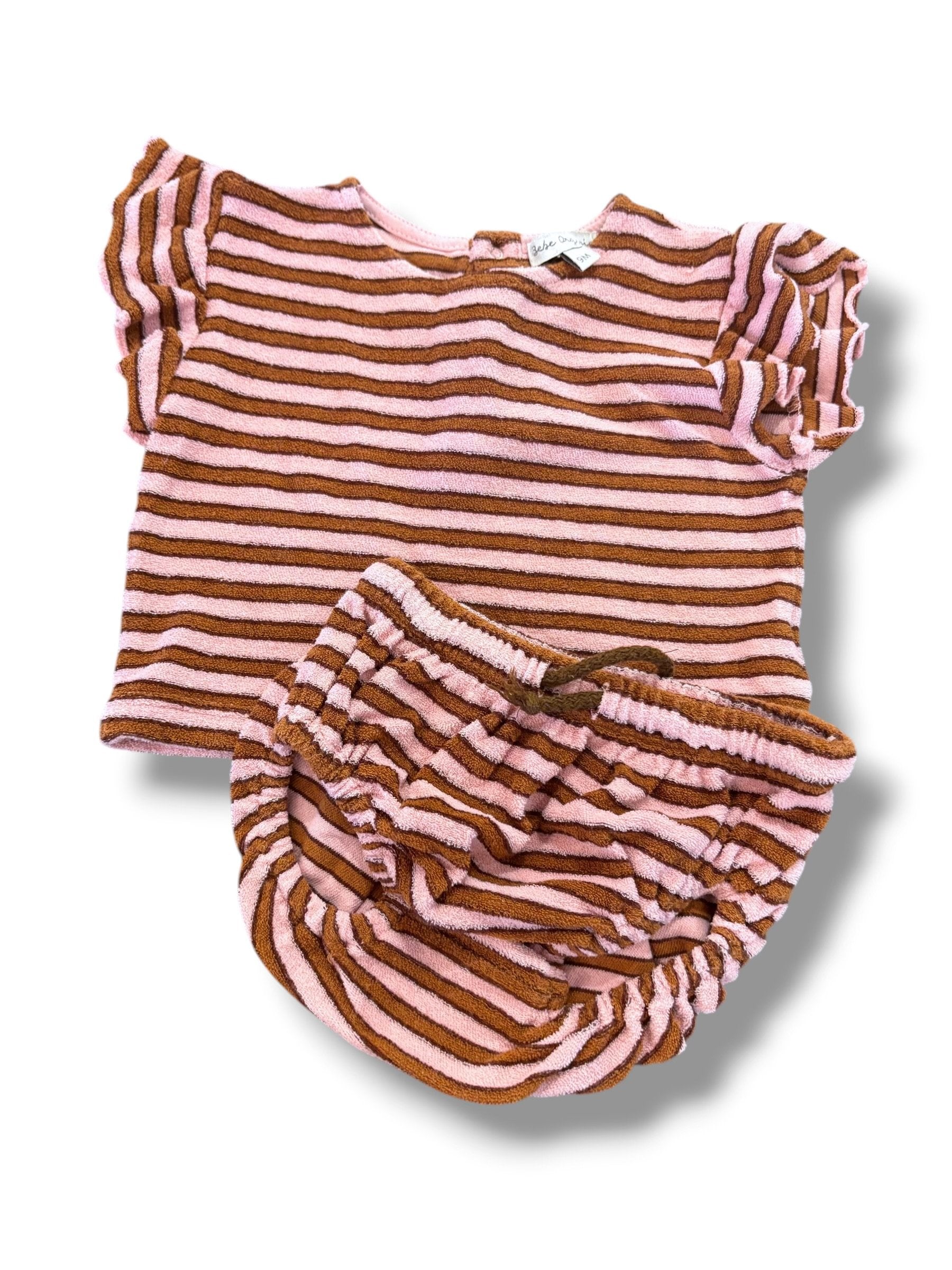 Size 9 month Bebe Organic brown/pink striped terry cloth tee and bloomers Default Title / 9 month / Girl