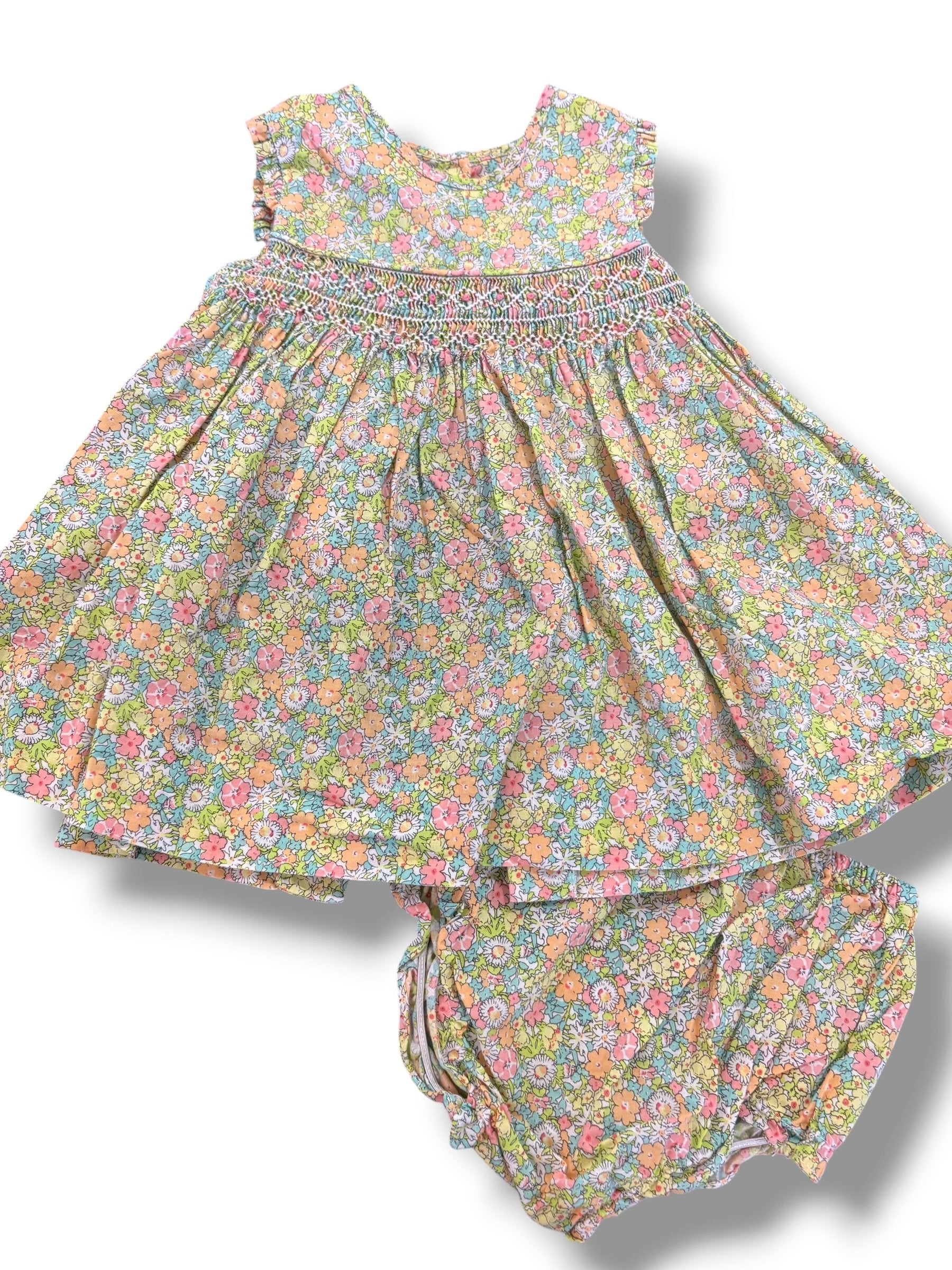 Size 6-9 month question everything pastel neon floral dress w/ smocking, matching bloomers Default Title / 6-9 month / Girl