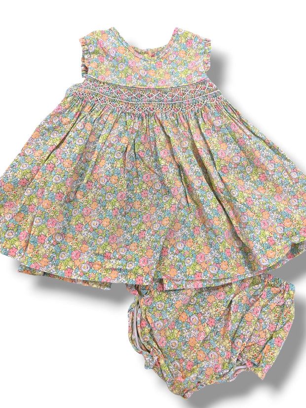 Size 6-9 month question everything pastel neon floral dress w/ smocking, matching bloomers Default Title / 6-9 month / Girl