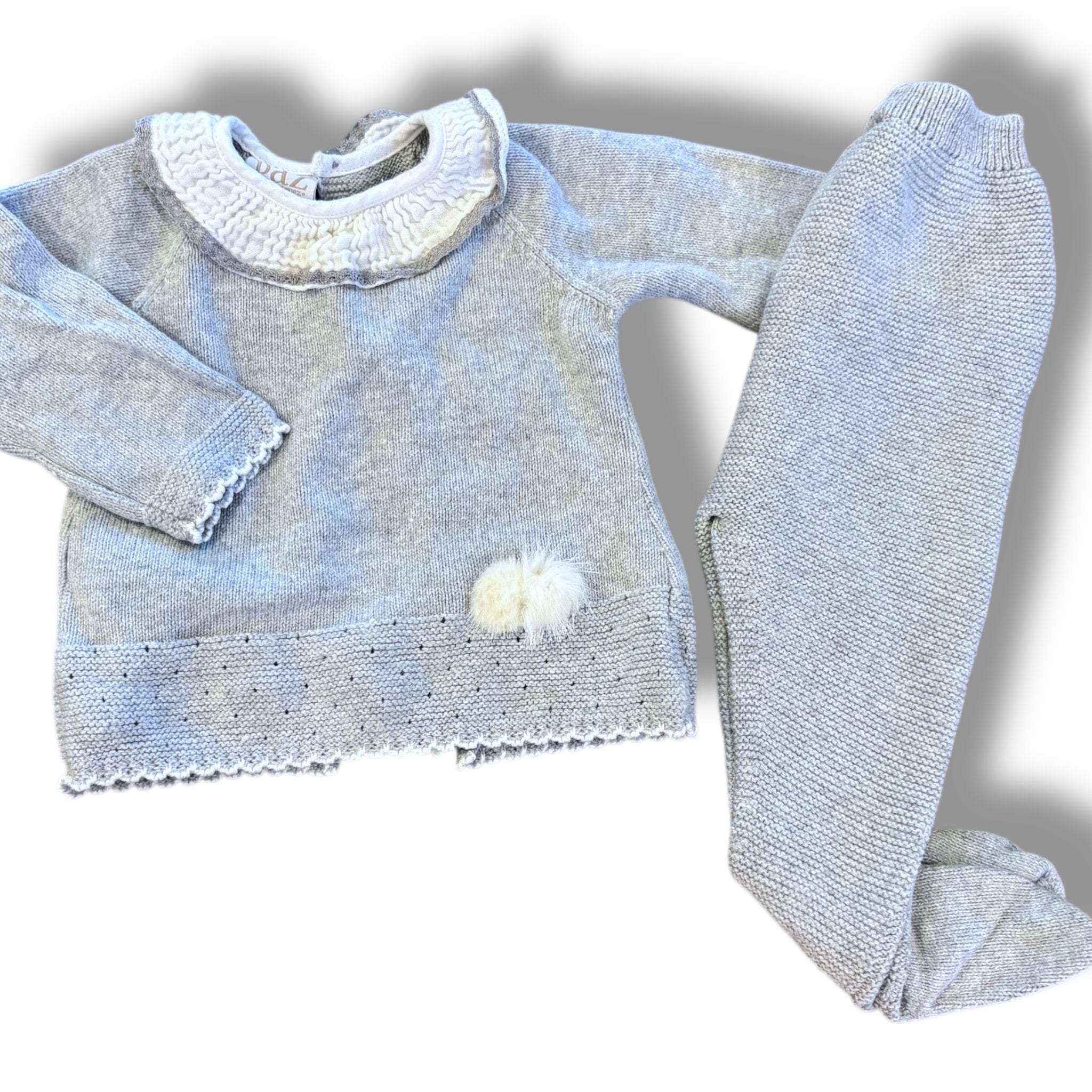 Size 3 month Paz grey sweater knit pant set, white muslin Default Title / 3 / Girl
