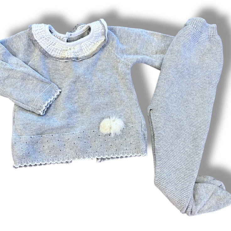 Size 3 month Paz grey sweater knit pant set, white muslin Default Title / 3 / Girl