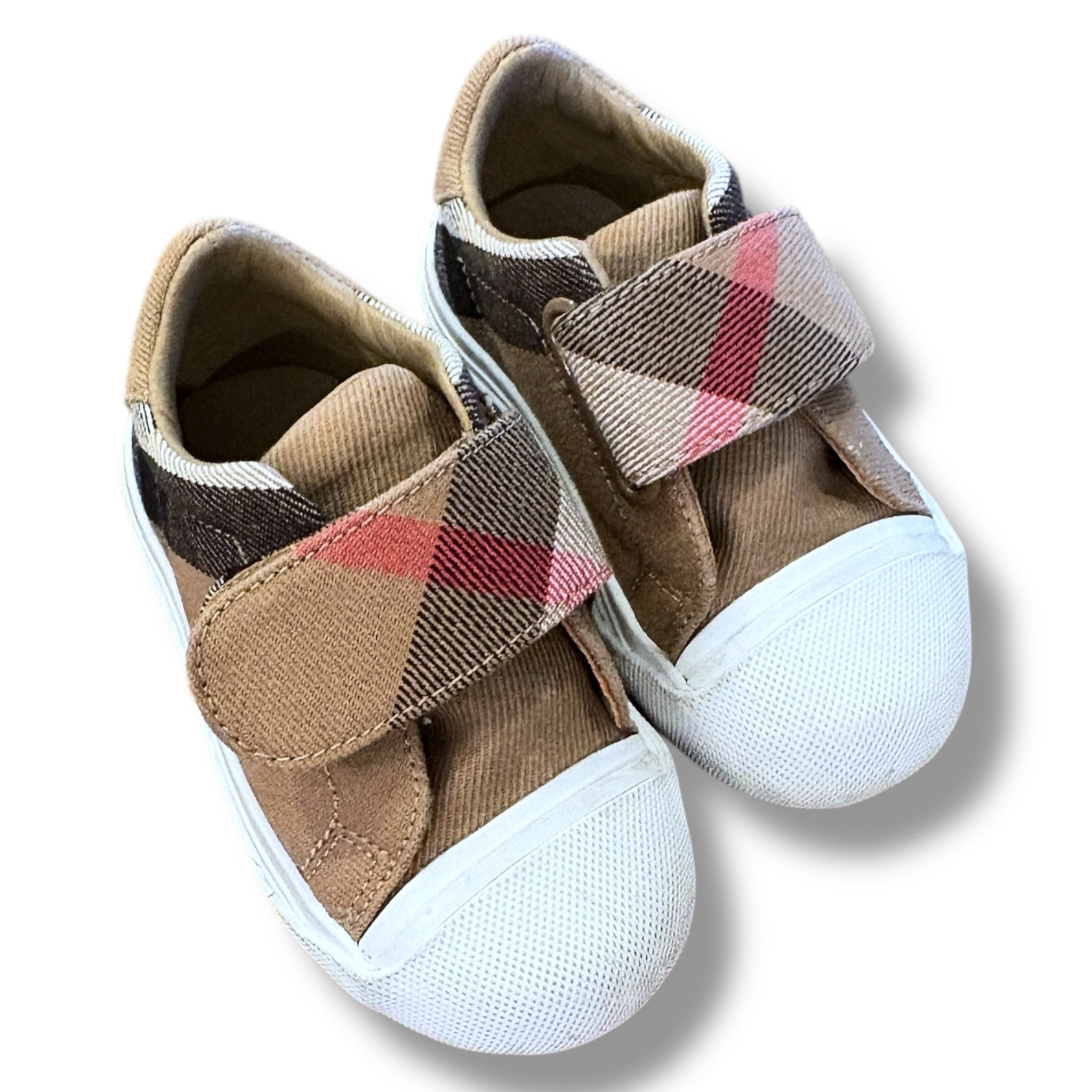 Size 4 toddler Burberry tan black/white/red plaid velcro shoes Default Title / 4 / -