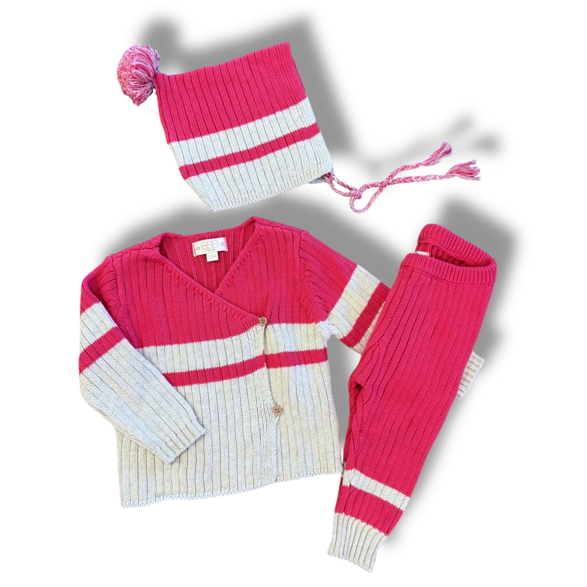 Size 12 month EGG hot pink/tan ribbed sweater set, with tie bonnet Default Title / 12 / Girl