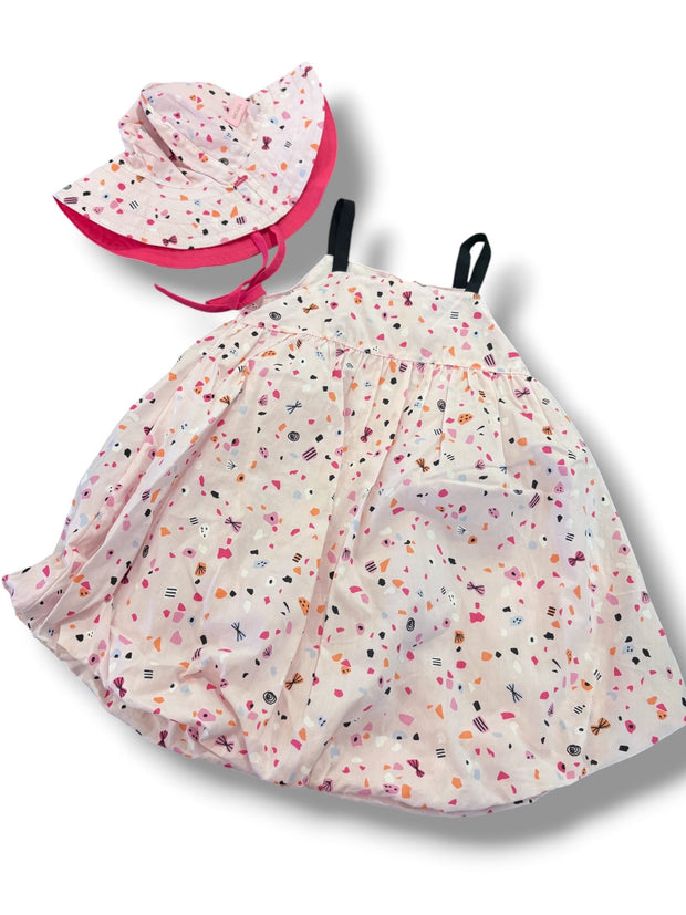 Size 9 month Catimini pink bubble romper w/ multicolored speckled pattern, coordinating hat Default Title / 9 month / Girl