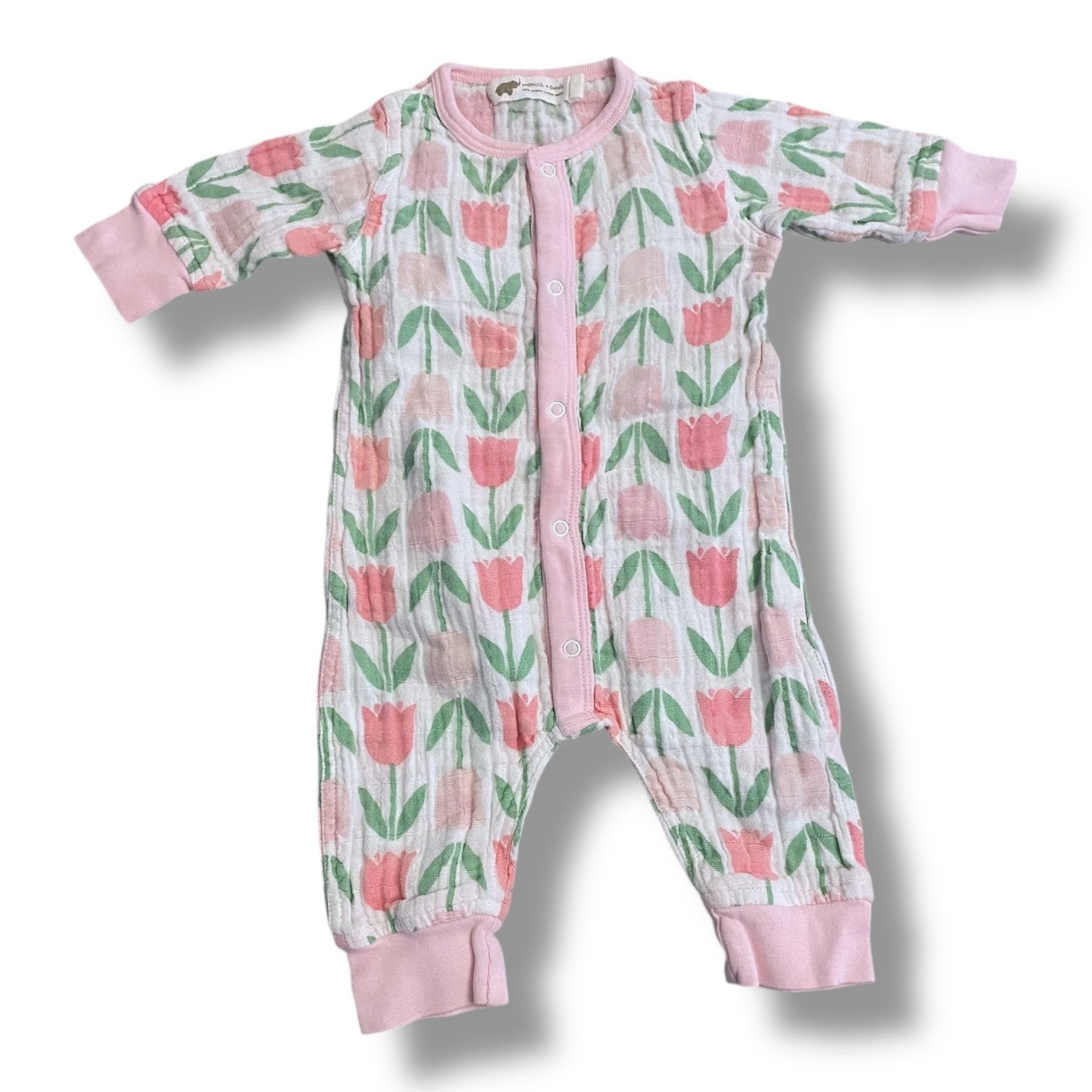Size 0-3 month Monica and Andy muslin snap romper with pink tulips Default Title / 0-3 month / Girl