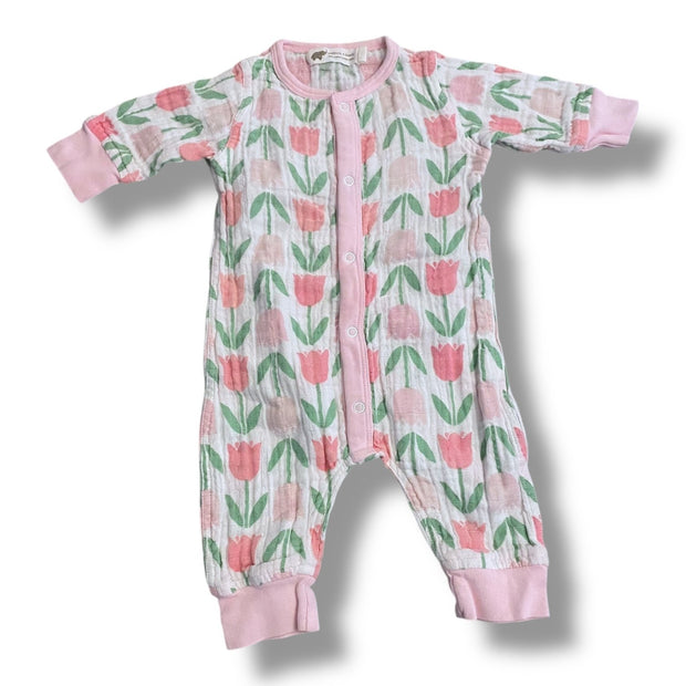 Size 0-3 month Monica and Andy muslin snap romper with pink tulips Default Title / 0-3 month / Girl