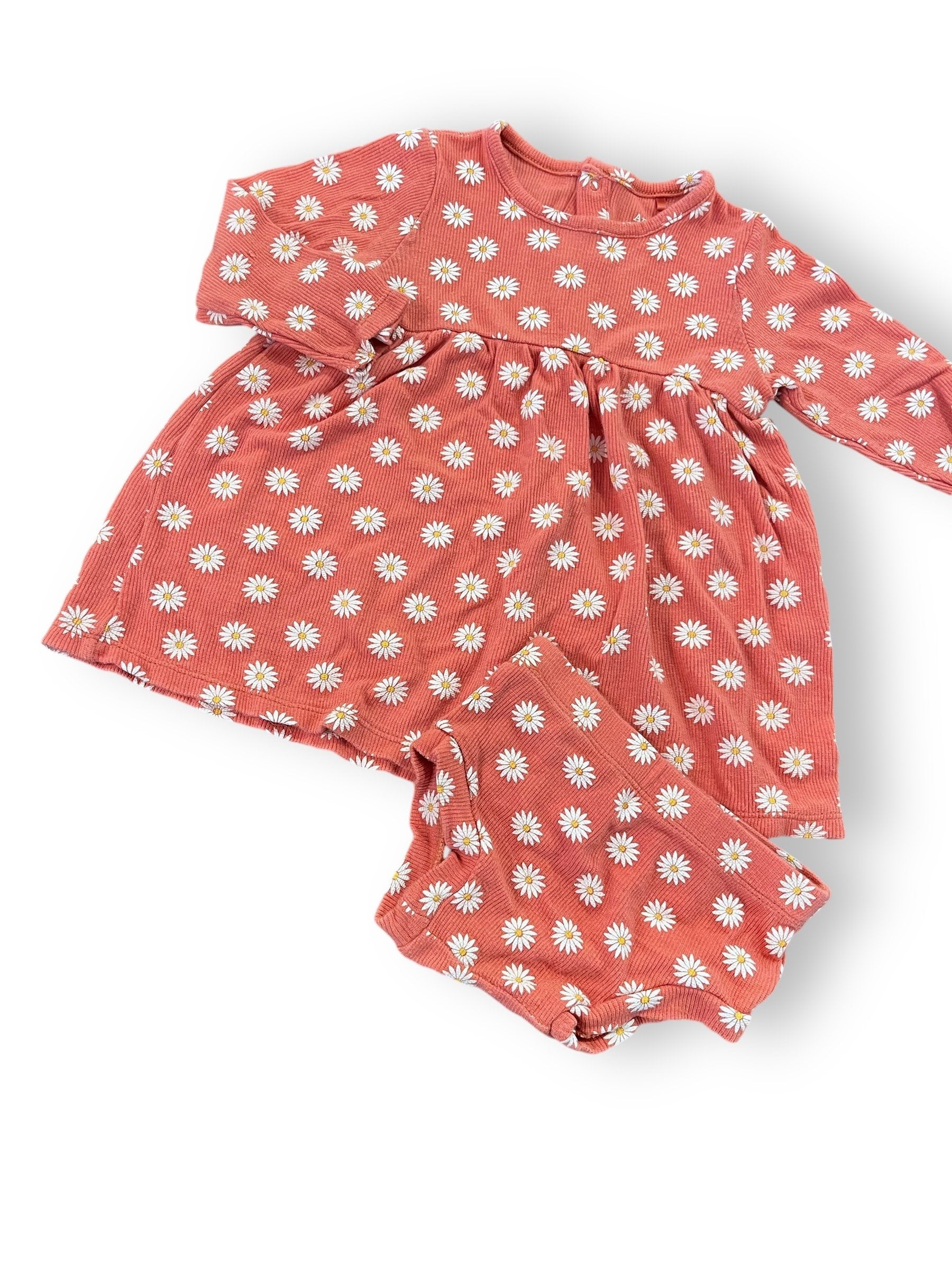 Size 12-18 month Angel dear dusty pink ribbed, daisy white floral long sleeve dress with bloomers Default Title / 12-18 month / Girl