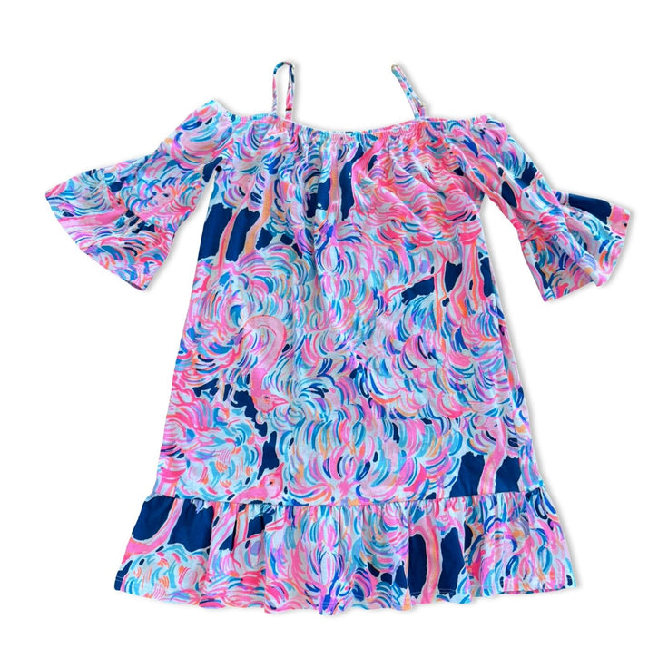 Size 6-7 Lilly Pulitzer pink, navy, blue, and purple bird design dress with open shoulder sleeves Default Title / 7-Jun / Girl